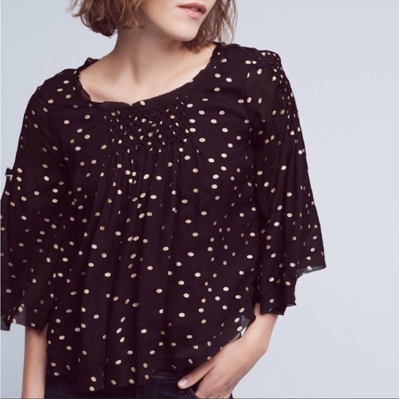 Anthropologie Floreat Everafter Polka Dot Blouse Size Small Black/Gold N… - Picture 1 of 11